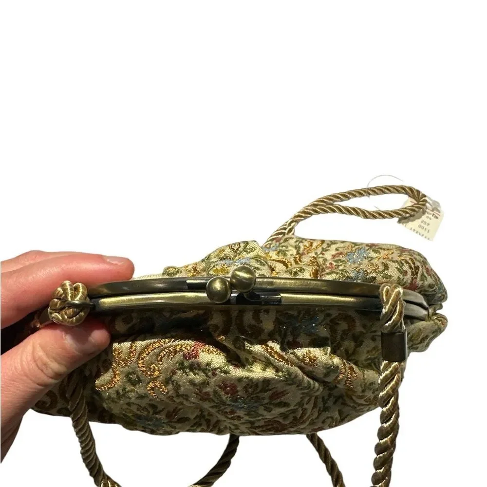 Talbots Vintage 1970 Floral Brocade Evening Bag Gold Rope Strap Clutch Purse